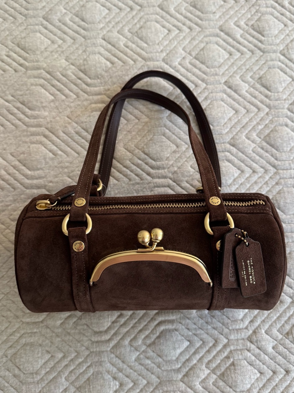 Coach Kisslock Barrel Bag 28 in Dark Chocolate Brown Suede with Brass Hardware - Picture 4 of 13
